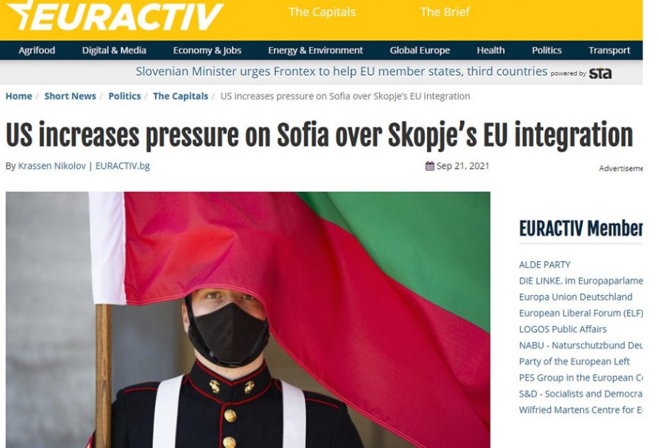 „Еурактив“: Вашингтон го зголемува притисокот врз Софија за евроинтеграција на Скопје
