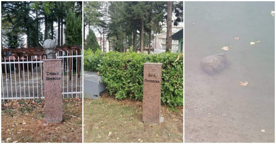 Вандализам во Струга: Оштетена бистата на Славко Јаневски, бистата на Анте Поповски фрлена во вода