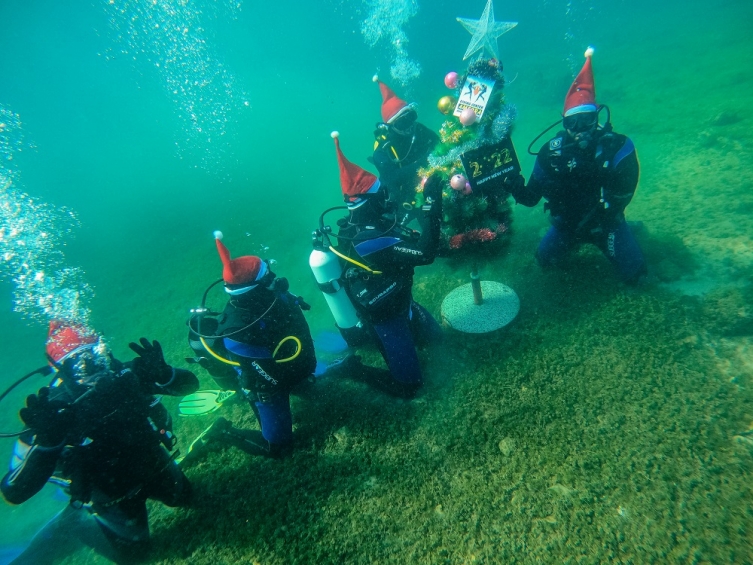 Украсена новогодишната елка под вода во Охридското Езеро