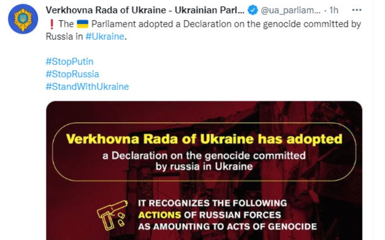 Украинскиот парламент го прогласи за геноцид дејствувањето на руската војска
