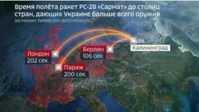 Руска телевизија прикажа за колку секунди ракетата Сармат може да стигне до Берлин, Париз и Лондон