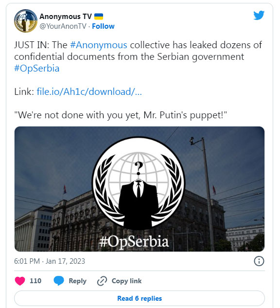 Анонимуси објавија дека хакирале доверливи документи на Владата на Србија