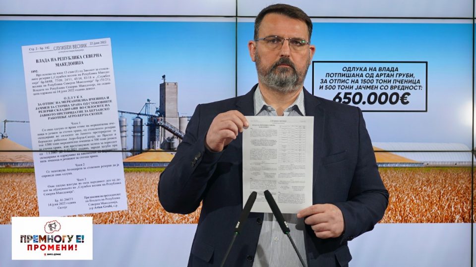 Стоилковски: Со потпис на Артан Груби се отпишани 1500 тони пченица и 500 тони јачмен од државните резерви вредни 650.000 евра, дали истите завршиле на црниот пазар?