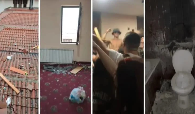 (ВИДЕО) Скршени прозорци, оштетен инвентар, шишиња на покривот: Загребски студенти демолираат хотел во Охрид