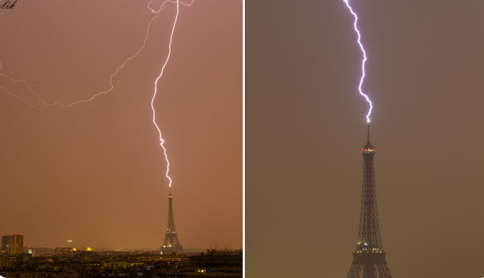(ФОТО) Силно невреме во Париз: Гром ја погоди Ајфеловата кула