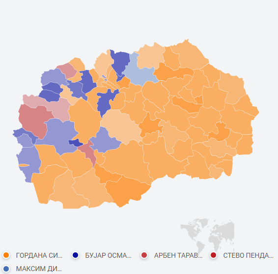 Сиљановска Давкова победи во 60 општини, Пендаровски во три, Османи во 15, Таравари и Димитриевски во една