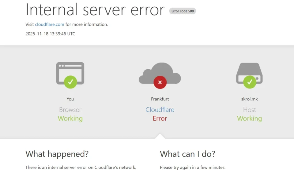 ПАДНА „CLOUDFLARE“, ПОГОДЕНИ ВЕБ СТРАНИЦИ И ВО МАКЕДОНИЈА: Не работи ChatGPT, Canva, платформата Икс и многу други
