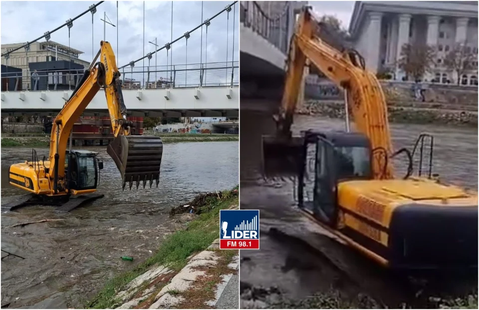 (ВИДЕО) АКЦИЈА ЗА ЧИСТЕЊЕ НА СКОПЈЕ: Машински се чисти коритото на реката Вардар во центарот на градот