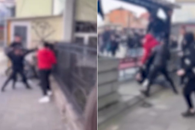 ВОЗНЕМИРУВАЧКО ВИДЕО: Ученици во Сарај со боксови и клоци се тепаат во училишниот двор