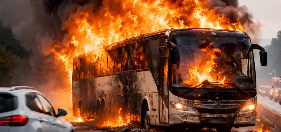 Автобус се запали на автопат кај Солун, патниците се спасиле без повреди