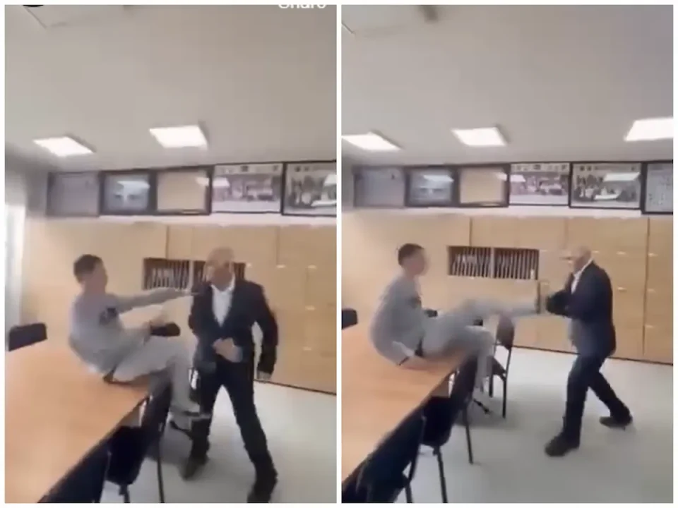 СКАНДАЛОЗНО ВИДЕО ОД ПРИШТИНА: Наставник приведен откако со шлаканици и боксови тепаше ученик