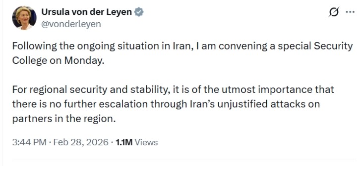 Поради ситуацијата во Иран: Фон дер Лајен за понеделник свика состанок за безбедност