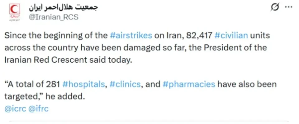 Иранската Црвена полумесечина соопшти за 82.000 погодени цивилни објекти во Иран