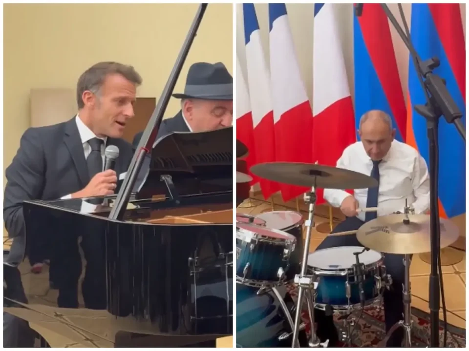(ВИДЕО) МУЗИЧКО ДУО КАКВО ШТО НИКОЈ НЕ ОЧЕКУВАШЕ: Макрон се фати за микрофонот, Пашинјан го придружуваше на тапани