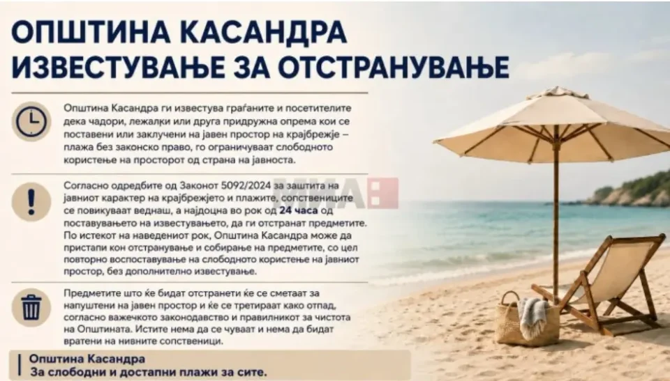ОПШТИНА ОД ПРВИОТ КРАК ВО ГРЦИЈА СО ИЗВЕСТУВАЊЕ И НА МАКЕДОНСКИ: Незаконски поставените предмети од плажите ќе се отстрануваат